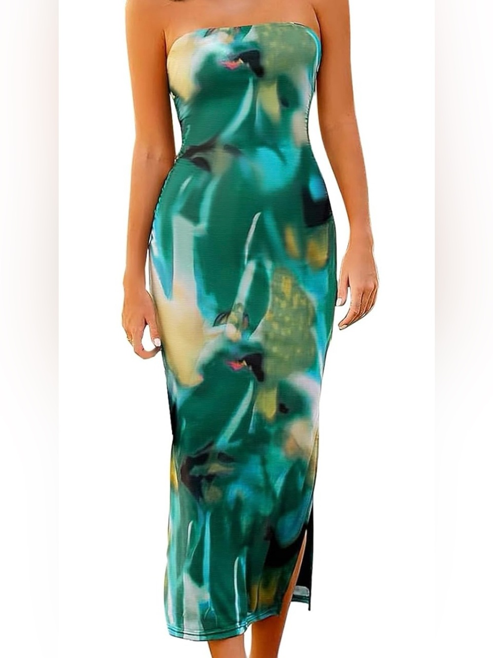 Teal Abstract Print Strapless Midi Dress